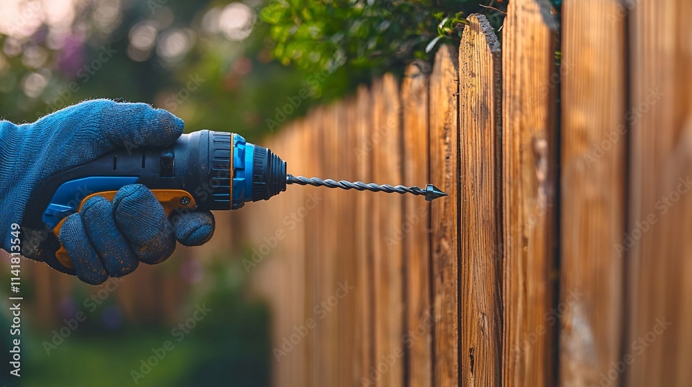 Poster man repairing a wooden fence with a portable power screwdriver highlighting efficiency and convenien