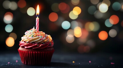 Delicious birthday cupcake with a burning candle, surrounded by festive atmosphere and soft blurred lights in the background, perfect for celebrations, party invitations, and festive event designs.
