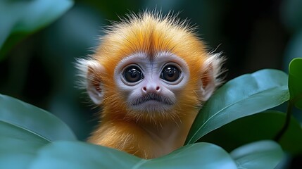 Fototapeta premium A baby monkey is sitting on a leafy branch