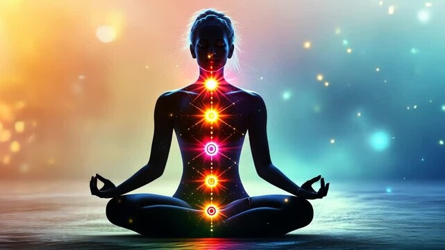 Tranquil meditation with glowing chakras in vibrant light atmosphere