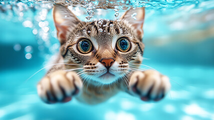 a Cat Swimming Underwater in a Clear Blue Pool