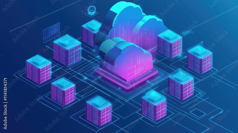 Poster futuristic cloud computing concept with data storage and security