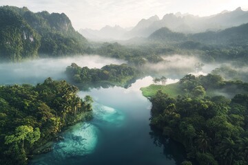 Aerial view of a blue water lake in a tropical rainforest, with a clear river and mountains in the background, under the soft light of a misty morning. 