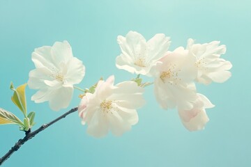 Fototapeta premium Delicate Pink Cherry Blossom Branch on Pastel Blue Background with Ample Copy Space