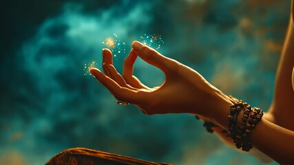 Mystical hand movements releasing glowing particles in atmospheric golden light