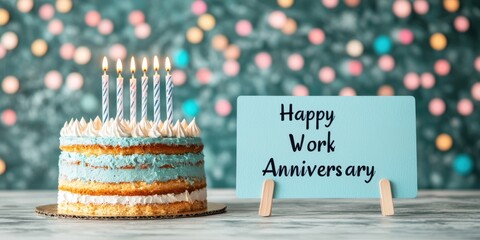 A colorful cake with candles beside a sign reading "Happy Work Anniversary," set against a vibrant backdrop of blurred lights.
