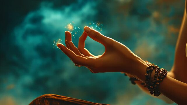 Mystical hand movements releasing glowing particles in atmospheric golden light