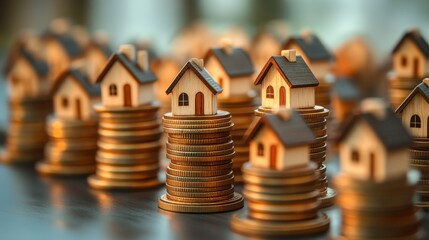 Real estate investment opportunities on stacked coins with miniature houses business finance environment close-up view for economic growth