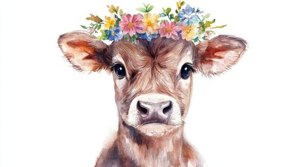 Adorable Calf Portrait with Floral Crown on a White Background