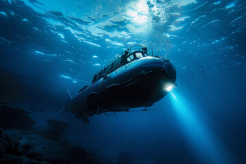 Beautiful large bathyscaphe floating in middle of ocean during exploration