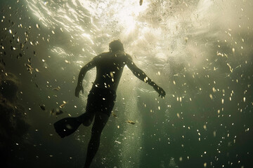 Fototapeta premium Beautiful diver goes on an underwater adventure in frighteningly deep sea