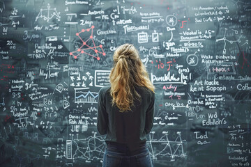 Scientist woman looking at a big blackboard full of mathematical formulas