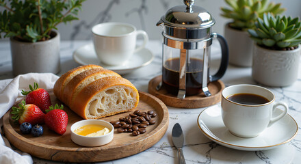 Delicious Breakfast Setting with Fresh Bread, Fruits, and Coffee in a Cozy Kitchen Environment - Ideal for Food Blogs and Culinary Arts.
