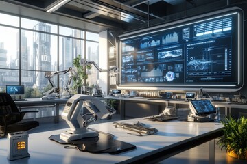 Innovative robotics lab urban city technology showcase modern workspace interior view advanced automation concepts