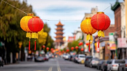Colorful Lanterns in Bustling Chinatown for Lunar New Year