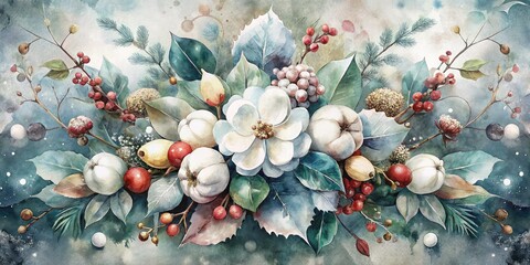 Fototapeta premium Vintage Christmas floral design featuring cotton flowers, holly berries, pine, and eucalyptus in a beautiful watercolor double exposure, perfect for holiday cards and prints.