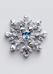 Closeup of a single, intricate snowflake with a blue center.