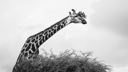 Fototapeta premium Black and white giraffe eating from treetop.