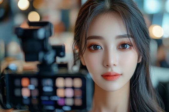 asian female beauty social media influencer livestream marketing cosmetics a make up tutorial via smartphone, Generative AI