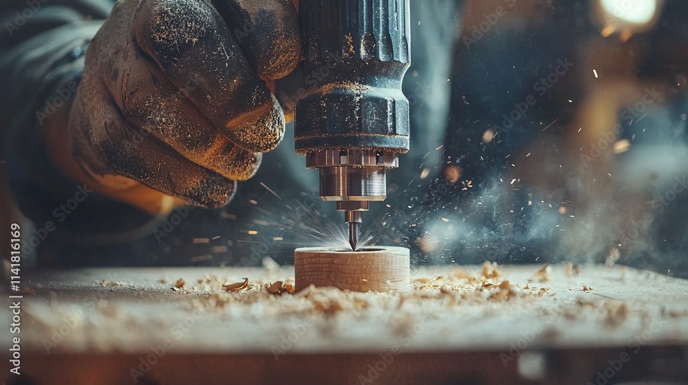 Poster Person using an electric rotary tool to add finishing touches to a custom woodwork home project Stock Photo with side copy space