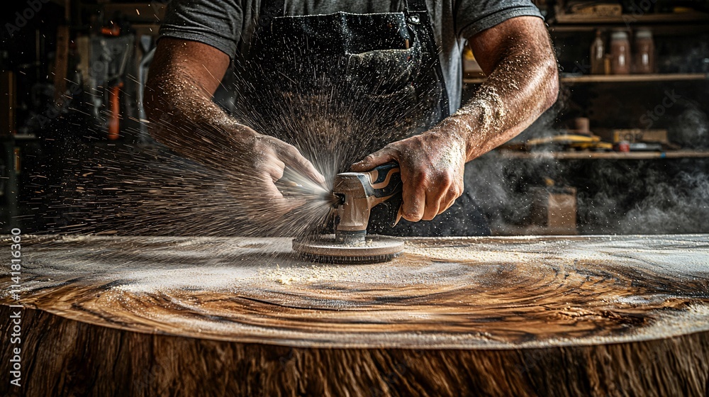 Poster Person using an electric rotary tool to add finishing touches to a custom woodwork home project Stock Photo with side copy space