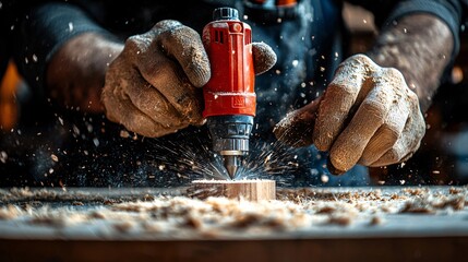 Person using an electric rotary tool to add finishing touches to a custom woodwork home project Stock Photo with side copy space