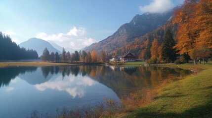 Obraz premium Beautiful autumn scene of Hintersee lake. Colorful morning view of Bavarian Alps on the Austrian border, Germany, Europe. Beauty of nature concept background.