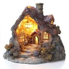 Obraz premium glowing crystal cave house with warm lantern, nestled in nature beauty