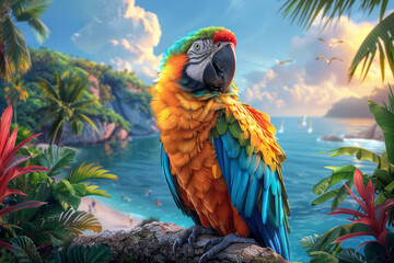 beautiful bright multicolored macaw parrot on the background of the sea in tropical foliage
