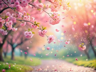 Fototapeta premium Whimsical cherry blossom petals dance in the spring breeze, creating a vibrant backdrop for Valentine's Day celebrations, perfect for seasonal designs and heartfelt messages.