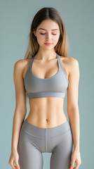 Fototapeta premium Dynamic fitness journey young woman in gray activewear indoor studio portrait empowerment health