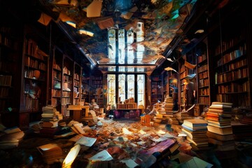60 a broken mirror image of a lively library with books and shel