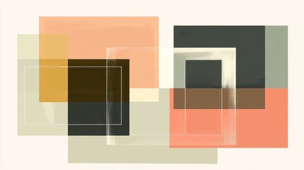 Abstract geometric shapes, overlapping squares in various muted colors.