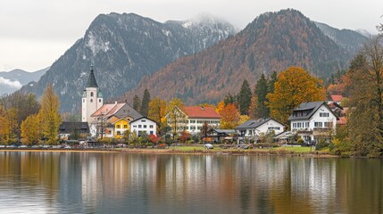 Fototapeta premium Beautiful autumn scene of Hintersee lake. Colorful morning view of Bavarian Alps on the Austrian border, Germany, Europe. Beauty of nature concept background.