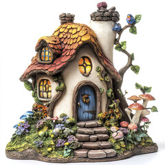 Fototapeta premium whimsical gnome house surrounded by colorful flowers and mushrooms