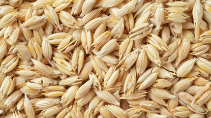 pearl barley , a close-up view of a large quantity of oat grains. The oats are light brown in color and have an elongated, oval shape with a pointed end