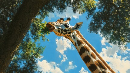 Obraz premium Giraffe eating leaves against a blue sky.