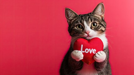loving cat. on a plain colored background. heart bright photo. vivid emotions 