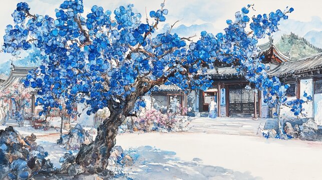 Exquisite Chinese garden scene: Blue plum blossoms form archway in traditional courtyard. Vibrant watercolor style captures delicate branches and sky, evoking master artistry. Elegant fusion of nature