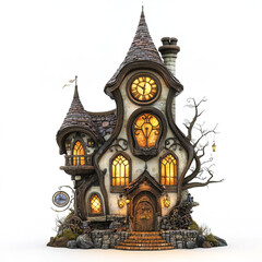 mystical fairy tale house with intricate details and tall clock tower