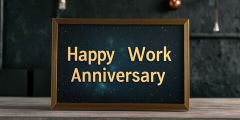 A framed sign displaying the message "Happy Work Anniversary," set against a dark background with a decorative touch.