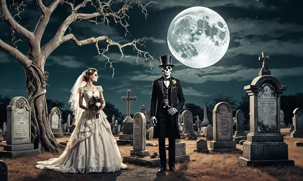 A bride and groom are standing in front of a cemetery