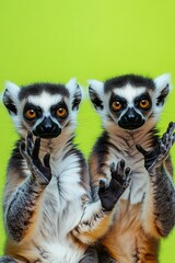 Fototapeta premium Funny Lemurs Promoting Festive Seasonal Holiday Sale on Bright Lime Green Background