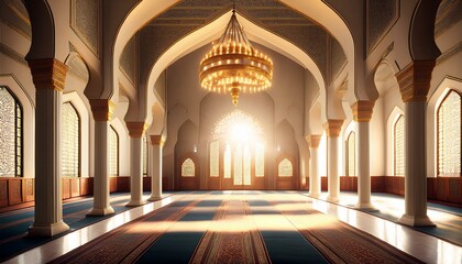 Obraz premium Sunlit Mosque Interior: Golden Chandelier & Architectural Grandeur