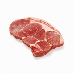 pork, a raw piece of meat, likely a pork chop or a similar cut. It has a reddish-pink color with some white marbling of fat throughout. The meat is placed on a plain white background