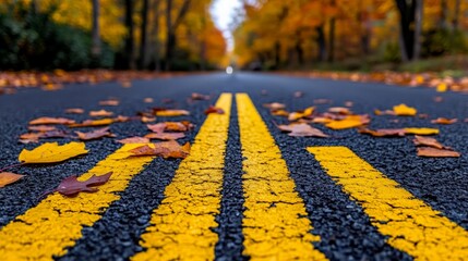 Autumn Road: A captivating perspective of a winding road through a vibrant autumnal landscape. The path stretches ahead, lined with trees adorned in fiery hues.