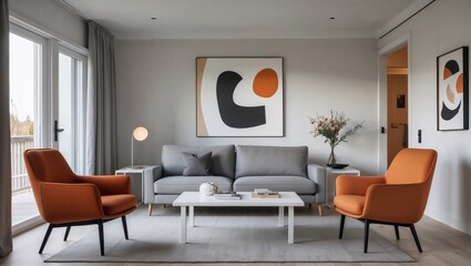 Modern Living Room with Grey Sofa Orange Armchairs and Minimalist Wall Art