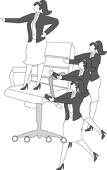 Leader manager standing on red office chair and giving command, group team work together to raise office chair, hierarchy leader and team group members, corporate culture and business concept illustra
