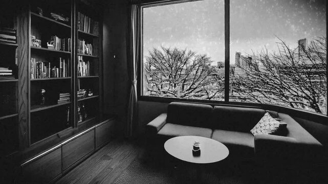 日本のマンション・アパートの部屋リビング　窓の外の雪景色の街　降り積もる降雪の天気　室内のソファと棚・テーブル　冬の風景背景素材　寒い家と落ち着いた雰囲気　クリスマス・年末・新年・冬休み・正月のイメージバックグラウンド モノクロフィルムイメージ