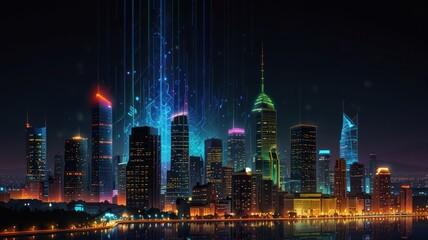 Neon Cityscape Illuminated At Night With Digital Rain